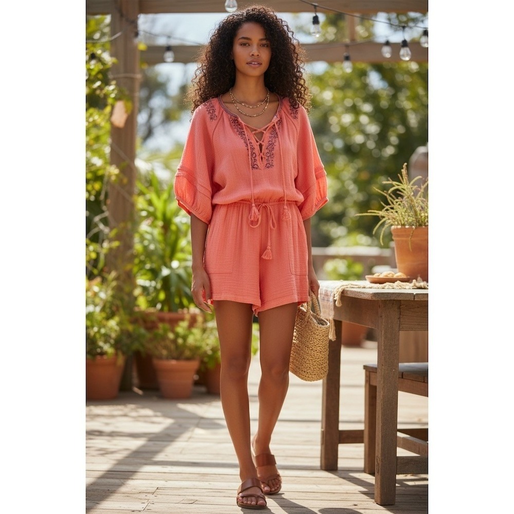 Knox Rose Romper boho Sz M Coral Pink Crinkle double Gauze Tassel Tie Pockets